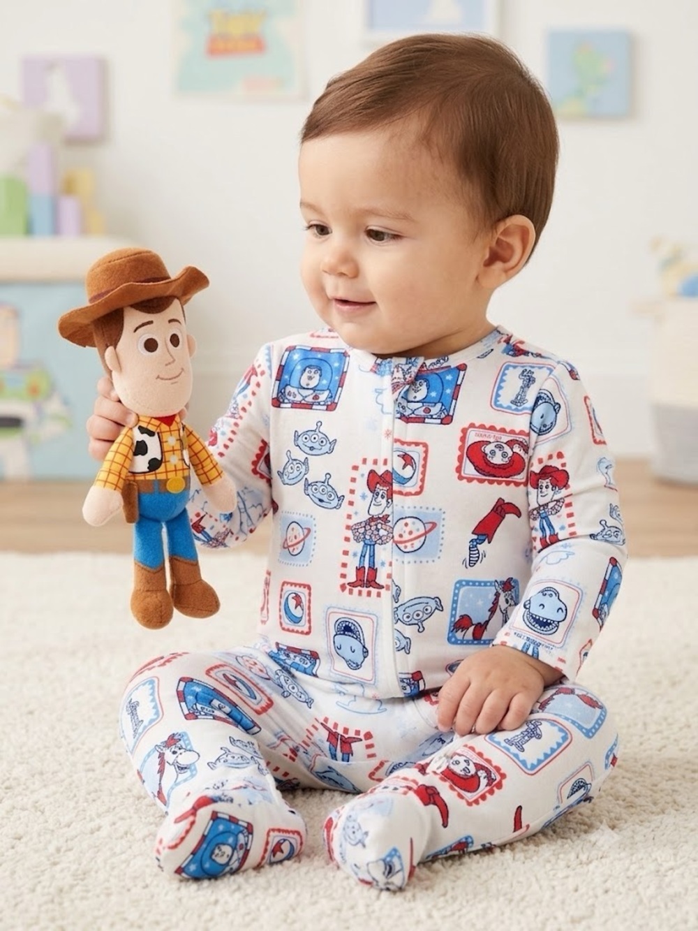 Disney Baby Boy White Footed One-Piece with Red & Blue Toy Story Print